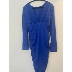 Women’s Bodycon Dress Blue Long Sleeve V-Neck High Waist Stretchable Full Zip